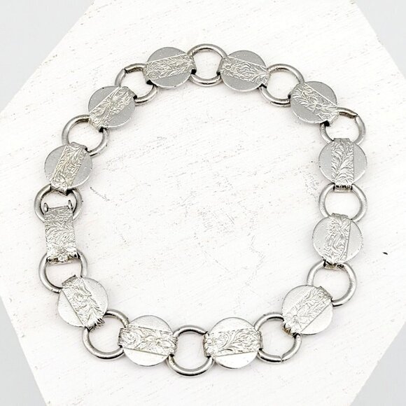 Vintage Sarah Coventry Young 'N Gay Coin Floral Silver Tone Round Link Bracelet - Picture 1 of 10